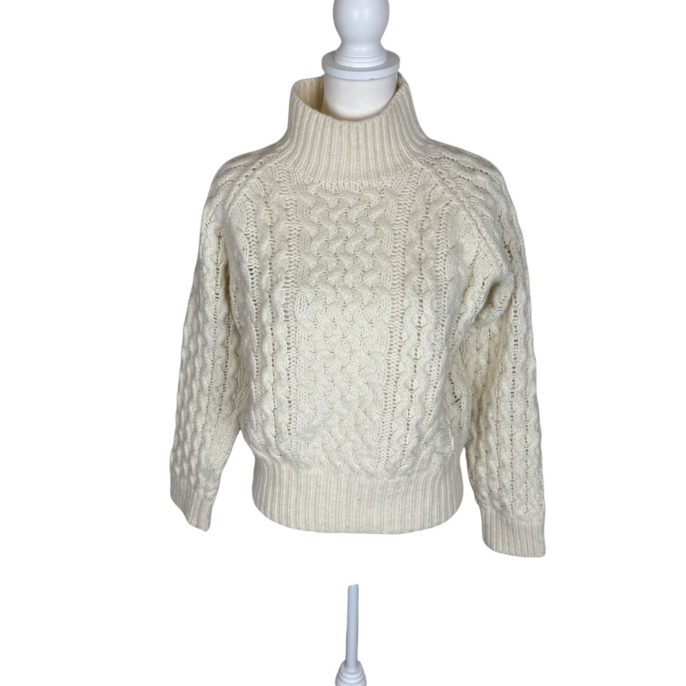 HM Womens Cream Wool Blend Cable Knit Mock‎ Neck Sweater Ivory Small Fisherman
